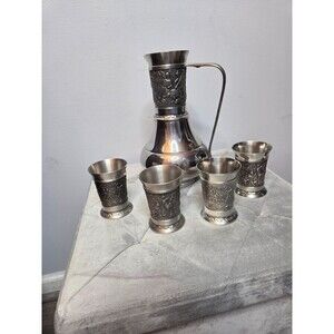 Artina Zinn Vintage German 95% Pewter Pitcher with Cup Set with Hunting Scene